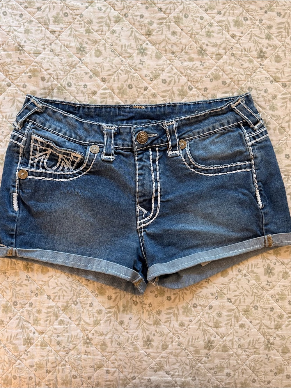 Y2k True Religion low rise blue denim shorts
